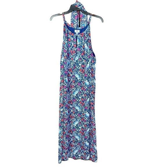 Old Navy Maxi Dress Halter Neck Blue White Bird Print Raw Edge Hem Lined XL - Picture 1 of 14